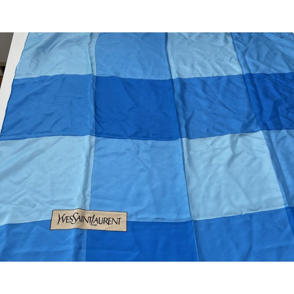 YVes St Laurent silk scarf Blue Check Deisgner Preppy quiet Luxury designer
